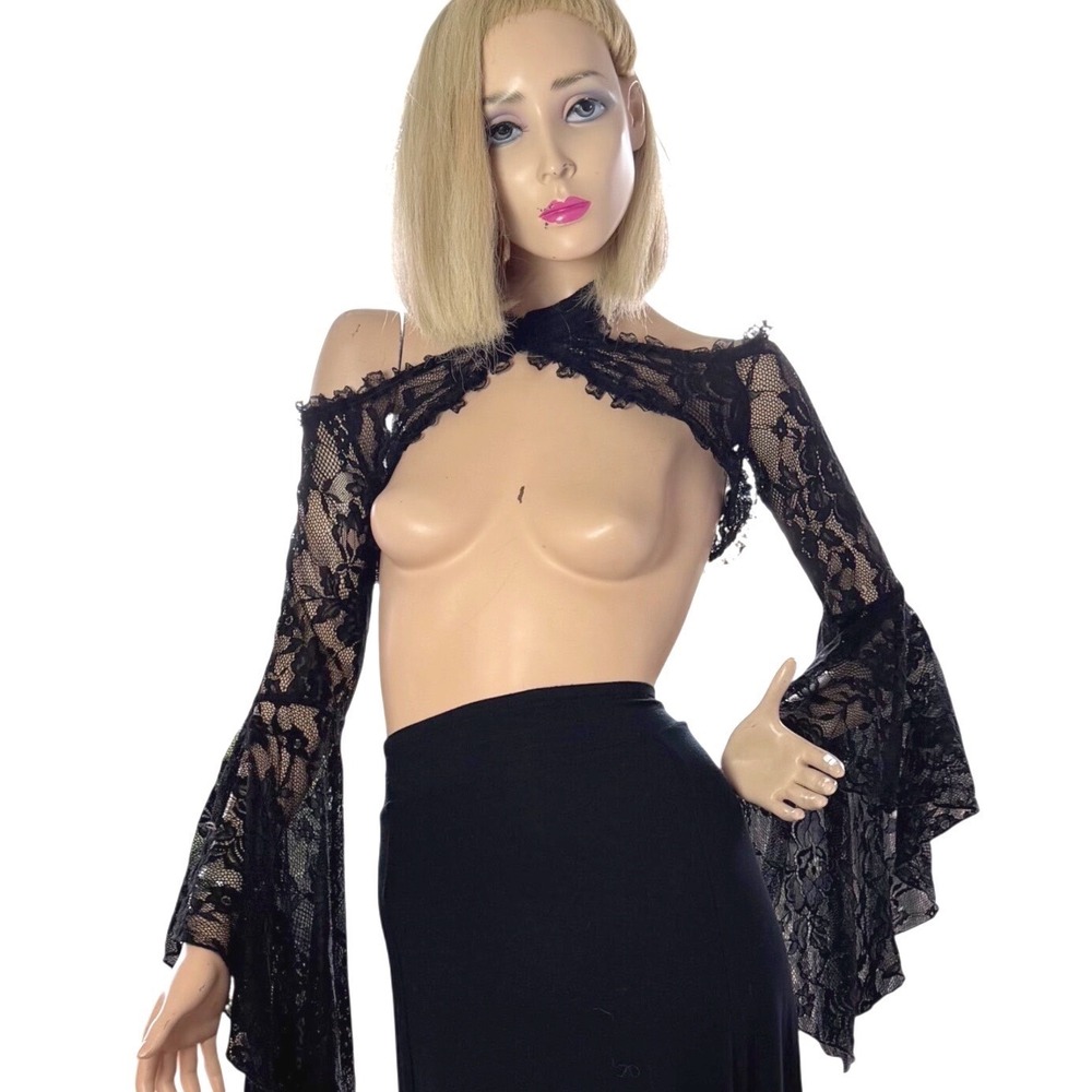 Romwe Lace Shrug Bell Sleeve Ultra Crop Bolero Goth Whimsigoth Black XS
